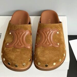 Celine Brown Suede Mules with Gold Accents